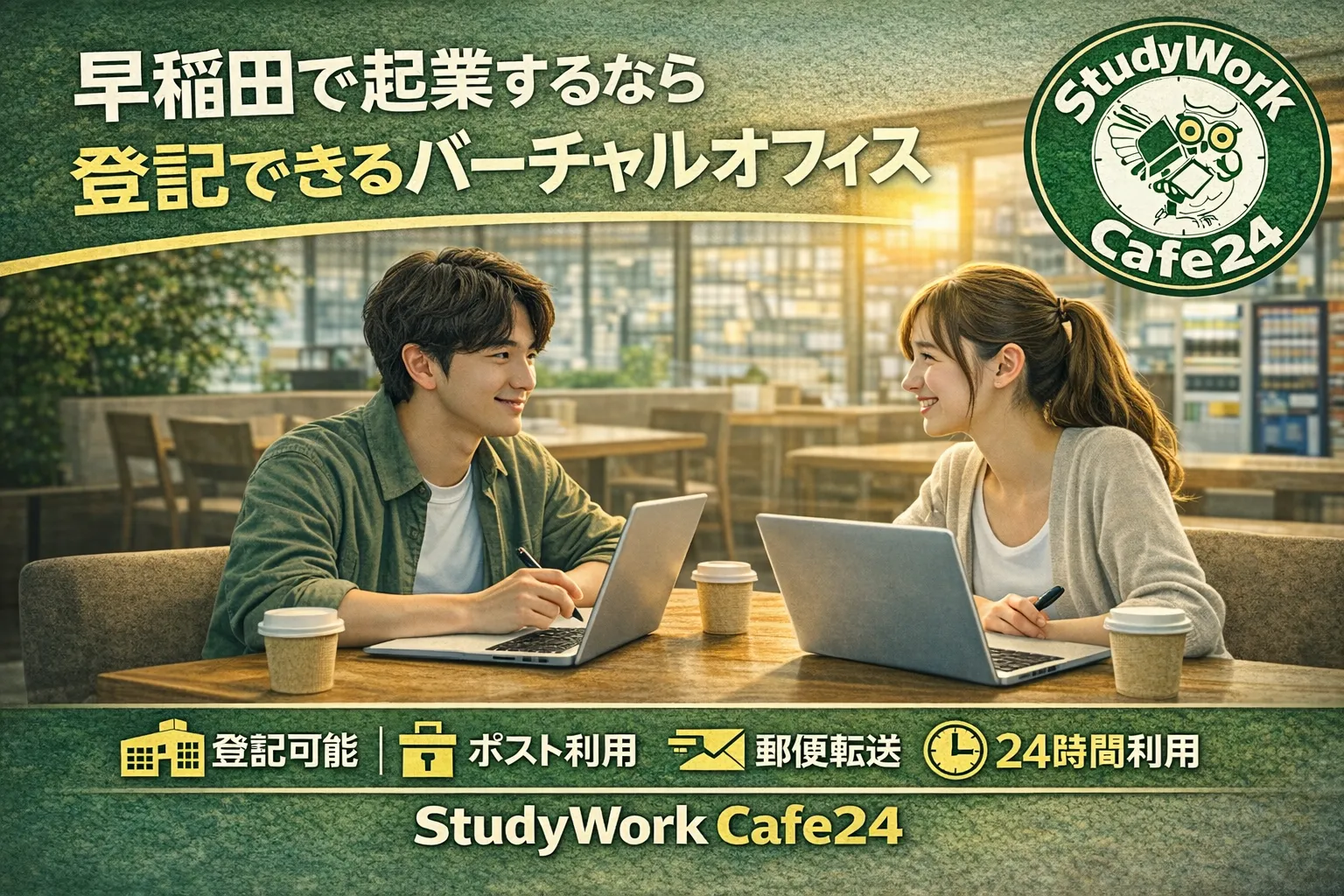 早稲田・高田馬場で「登記できる」バーチャルオフィス。StudyWork Cafe24 の起業支援プラン